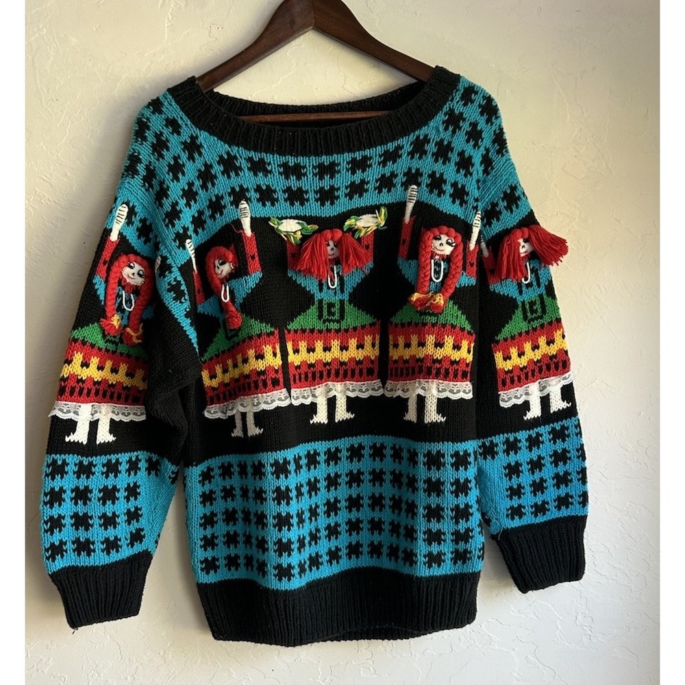 Vintage Andina 3D‎ Knit Doll Sweater S Novelty Peru Cottagecore Retro